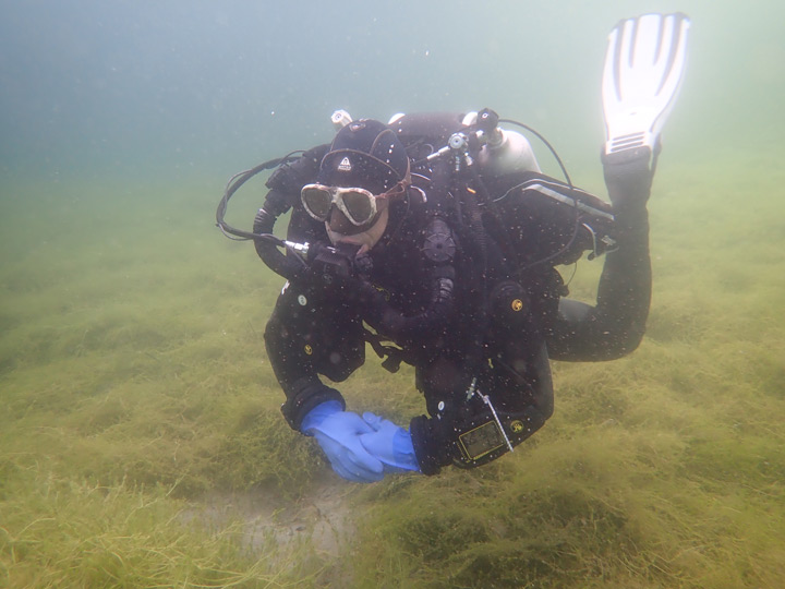 Scuba diver with rebreather diving in clear lake